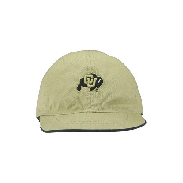 This is the front of the yellow side of the hat. There is a black and gold C.U. buffalo logo on the front. This side of the hat has a flatter brim than the black side. Back strap is black as well.